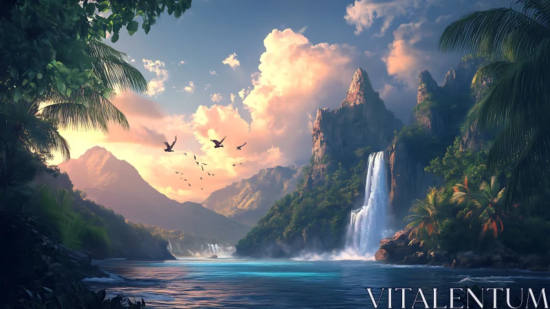 Tropical coastal landscape with waterfall and distant mountains.