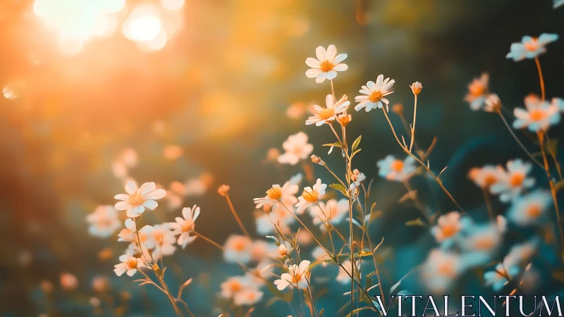 White wildflowers in shallow focus under warm sunlight.