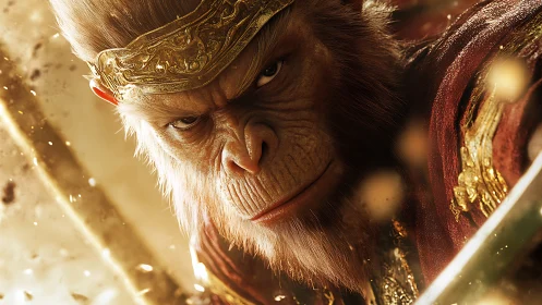 3D warrior monkey portrait with ornate golden crown focus.