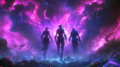 Bold trio stepping into a glowing cosmic storm together.