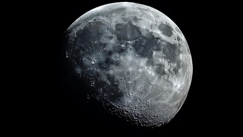 Lunar surface in high-contrast telescopic close-up detail view.
