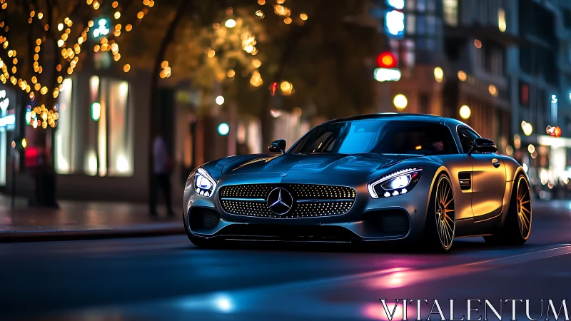 Sleek silver supercar gliding under vivid city bokeh lights.