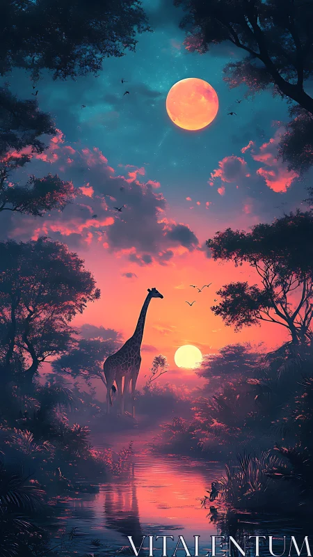 Giraffe stands in glowing twin-moon forest at sunset