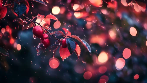 Macro close up of wet red berries with neon bokeh in rain