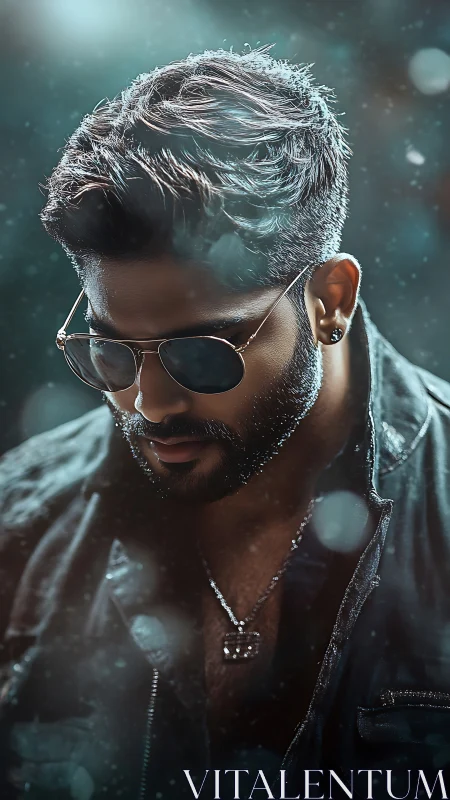 Moody bokeh portrait of stylish man with sunglasses and beard