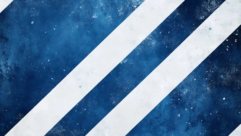 Diagonal blue stripes cut across textured white field.