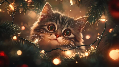Photorealistic kitten framed by festive bokeh lighting design.