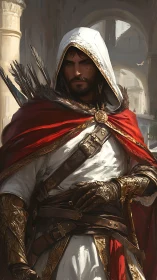 Hooded medieval assassin in ornate armor dominates sunlit archway