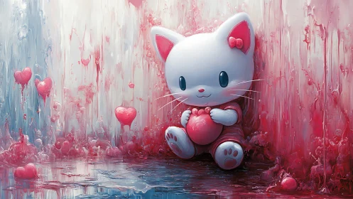White cartoon cat holding heart in pink abstract space.