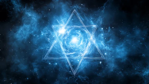 Starlit hexagram swirling in a deep electric blue cosmos.