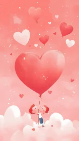 Illustration of Child with Large Heart Balloon Against Pink Background