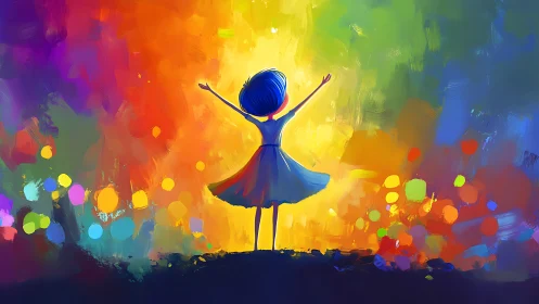 Digital painting of silhouetted girl in radiant color field.