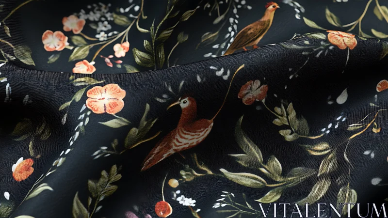 Elegant Botanical Fabric with Birds and Floral Patterns, Realistic Style.