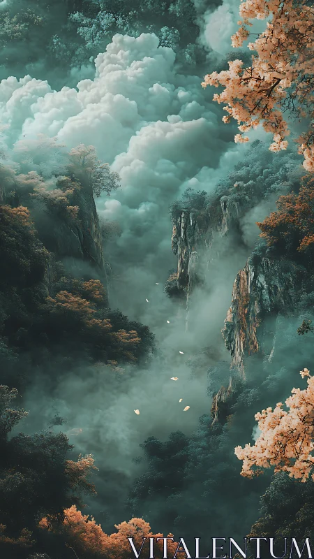 Vertical mist valley with teal clouds and amber foliage glows