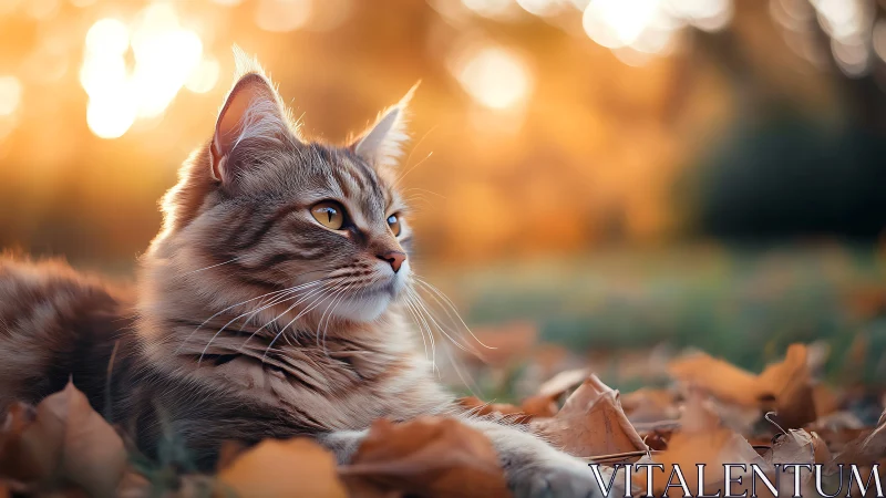 Tabby Cat Sitting Among Fallen Leaves in Golden Hour Light