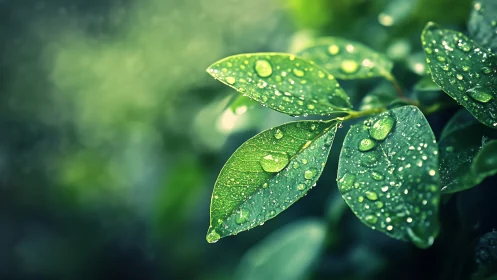 Macro study of dew-covered green leaves in soft bokeh light