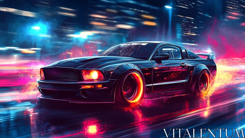 Neon-lit muscle car drifts through wet cyberpunk street at speed