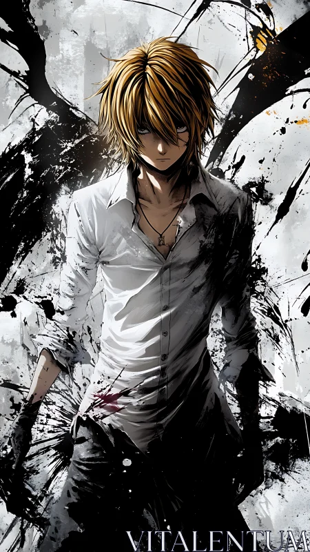 Moody anime rebel framed by bold black ink shadows.