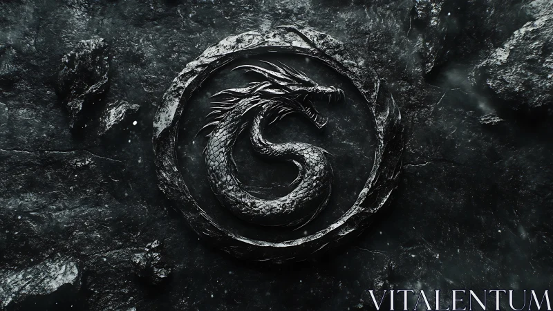 Coiled stone dragon emblem within fractured obsidian circle.