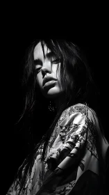 High contrast monochrome portrait in dramatic shadow.