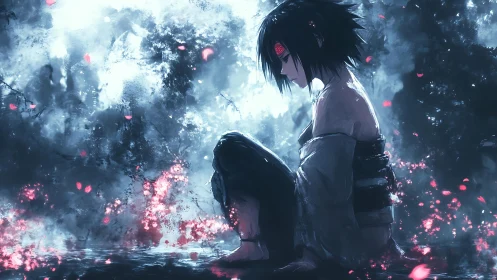 Quiet warrior resting in moonlit water and drifting petals.