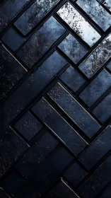 Midnight metallic tiles form reflective herringbone grid.