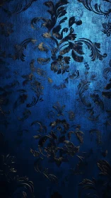 Dark floral damask pattern on textured blue surface.