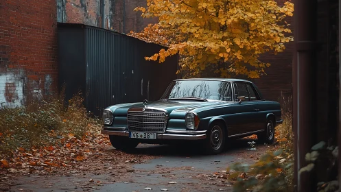 Vintage Mercedes coupe under golden autumn foliage glow.