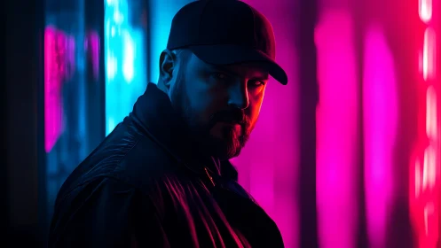 Neon-soaked stare cuts clean through the midnight corridor glow