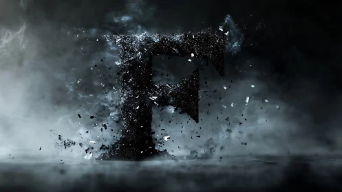 Fragmented letter F rendered in dark particulate space