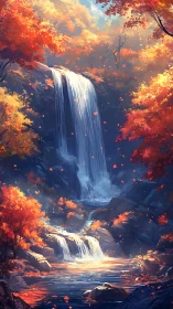 Autumn cascade dreaming beneath ember crowned trees.