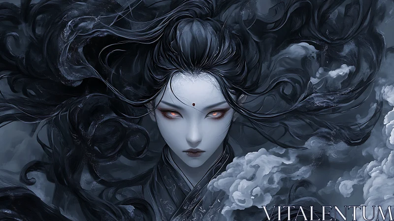 Pale female figure with flowing dark hair stares forward