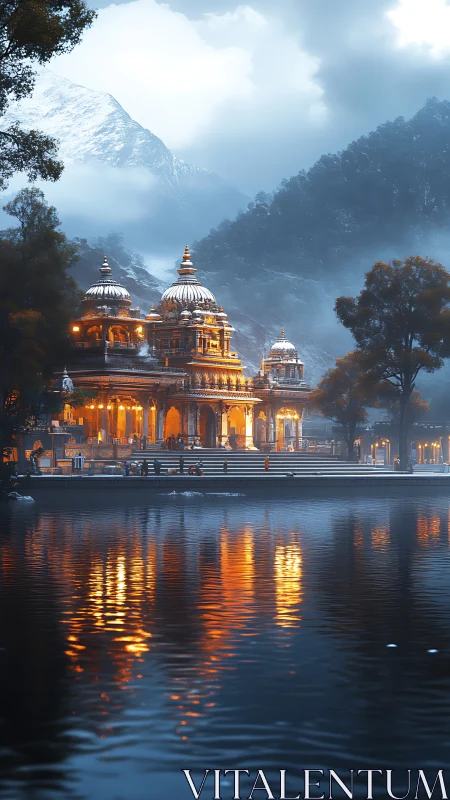 Lakeside temple lights under misty Himalayan mountain dusk.