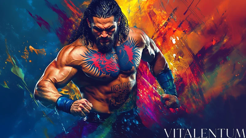 Tattooed titan storms through electric paintstorm fury.