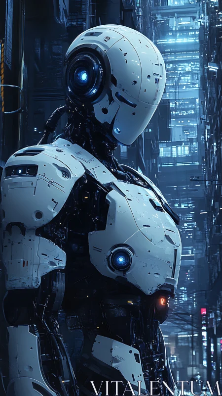 White humanoid robot in dark blue futuristic city alley.
