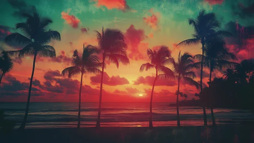 Vivid palm tree silhouettes against neon tropical sunset.