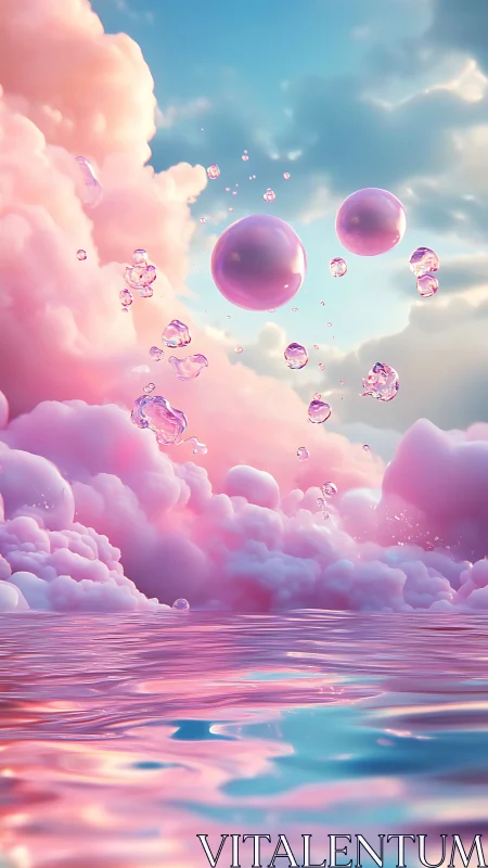 Cotton candy clouds cradle floating pearl bubbles at dusk.