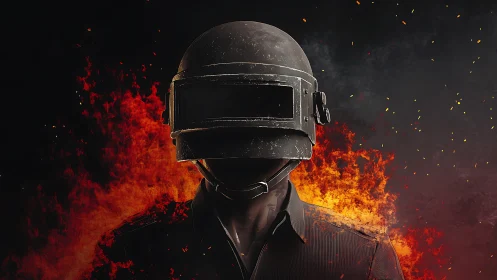 Battle-ready helmeted warrior rises from roaring flames