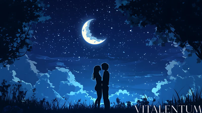 Couple Under Moonlight in Starlit Night Sky