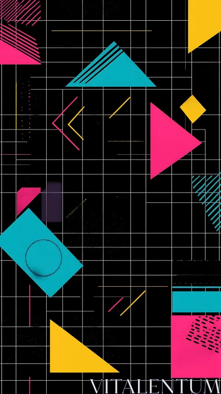 Playful neon geometry dancing across a retro grid night.