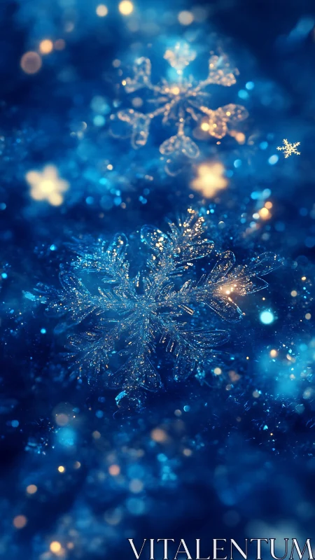Macro view isolates crystalline snowflakes in blue bokeh field