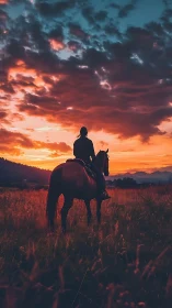 Rider and horse stand in silhouette beneath a blazing sunset sky.
