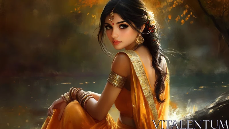 Luminous digital portrait of woman in saffron sari by river.