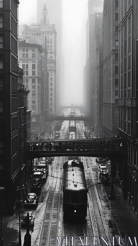 Morning streetcar glides through a misty vintage city canyon