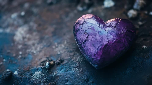 Purple heart-shaped stone on textured blue-dark ground surface.
