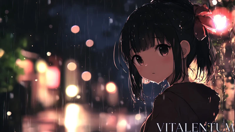 Girl in rain pauses under neon city lights at night