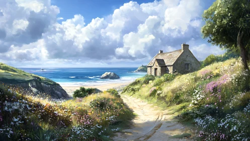 Coastal cottage in wildflower meadow overlooking sea.