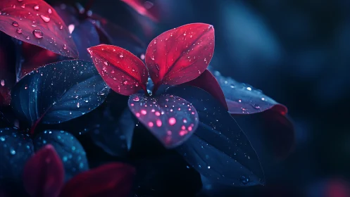 Midnight garden leaves glowing with ruby raindrops.