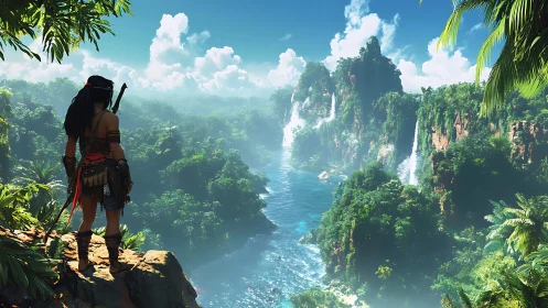 Adventurer surveys misty jungle cliffs and azure waterfalls
