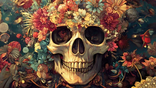 Floral skull artwork blending life, color, and quiet mystery.